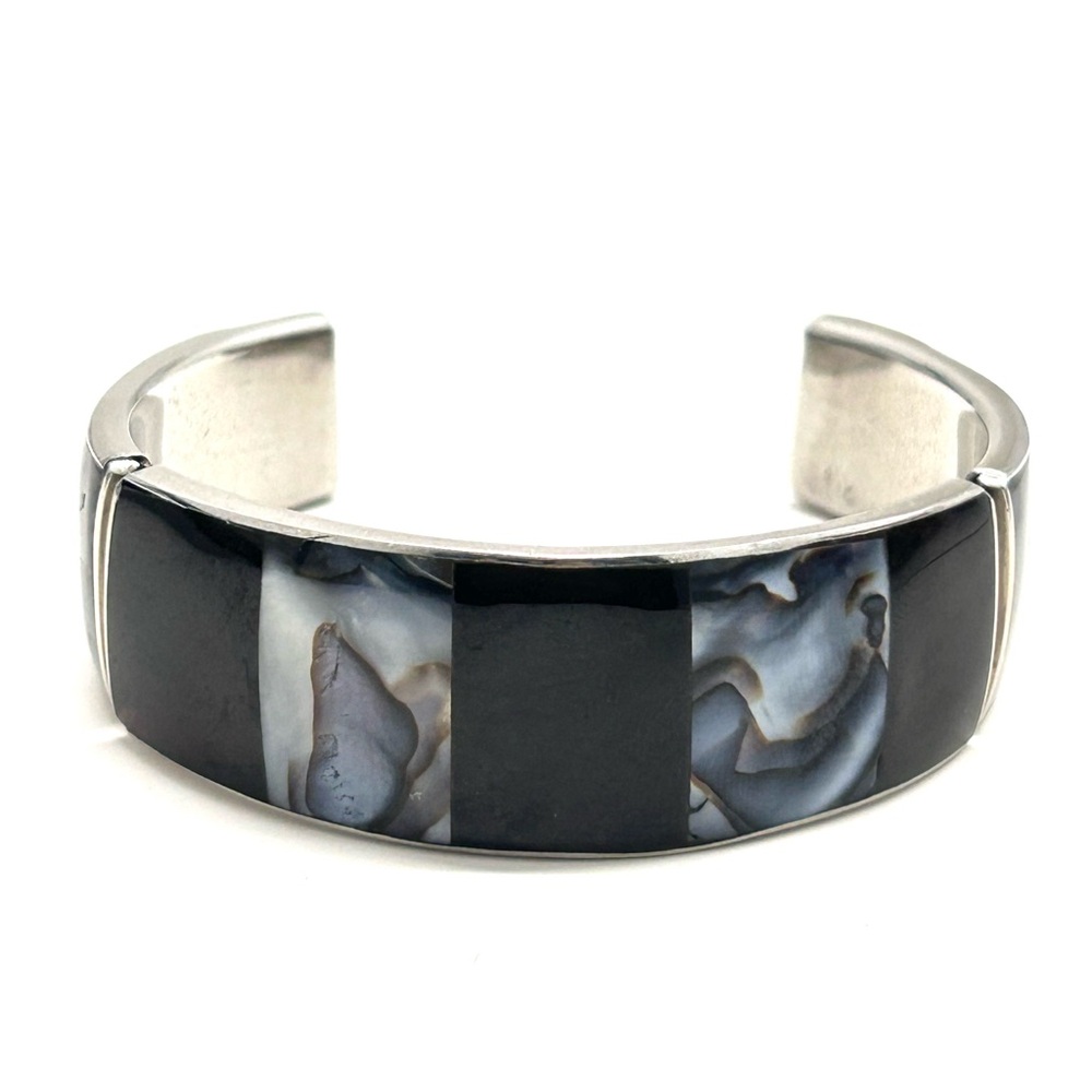Shell Inlayed Open Cuff Bracelet Black Greys Blues Silver Tones Bangle